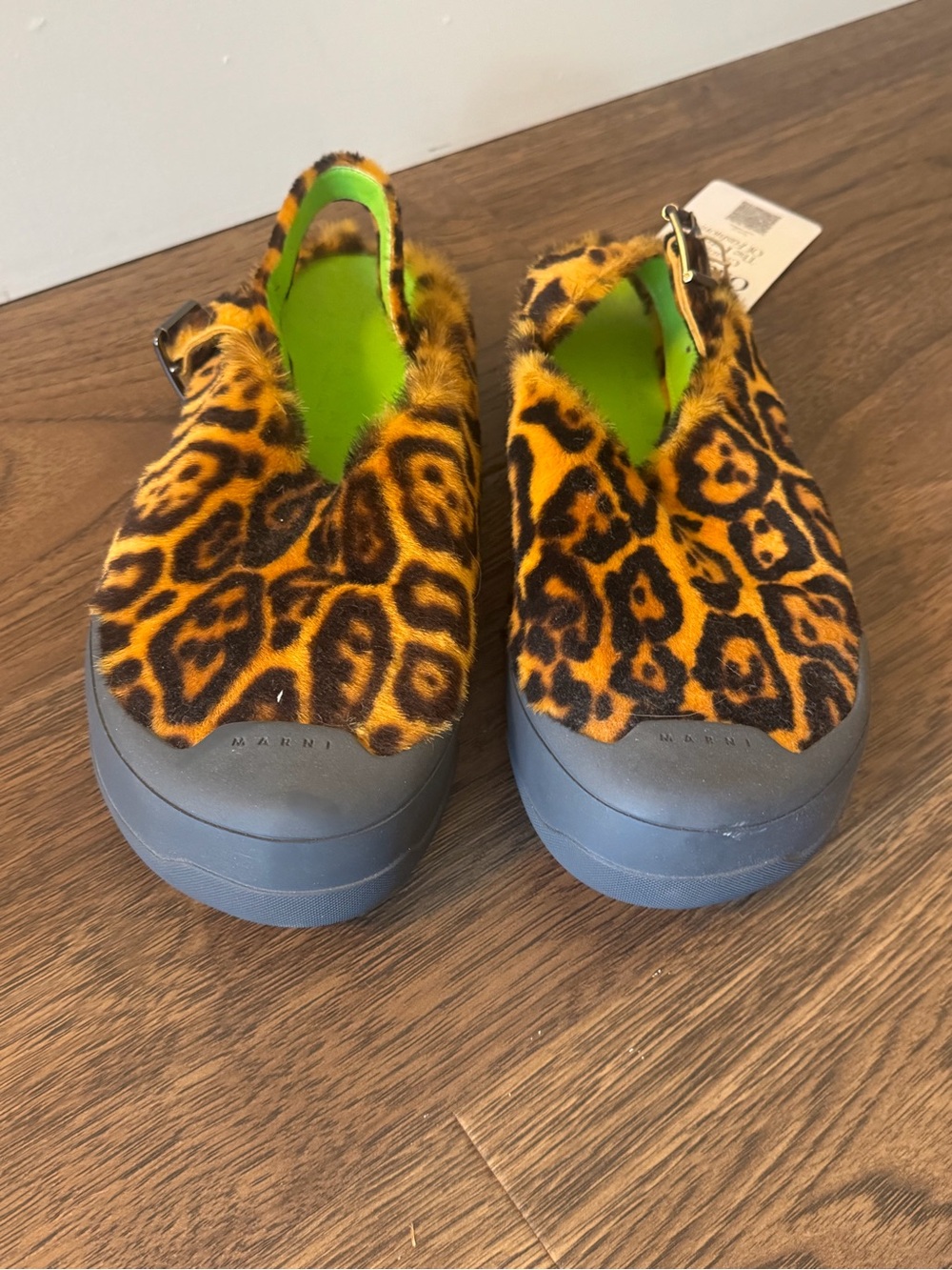 Marni Leopard Print Fur Slingback Loafers with Neon Green Insole